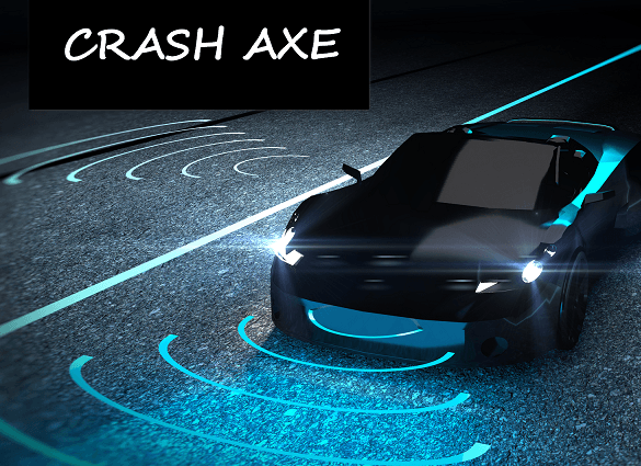 Car with headlights on and a caption reading, "Crash Axe"