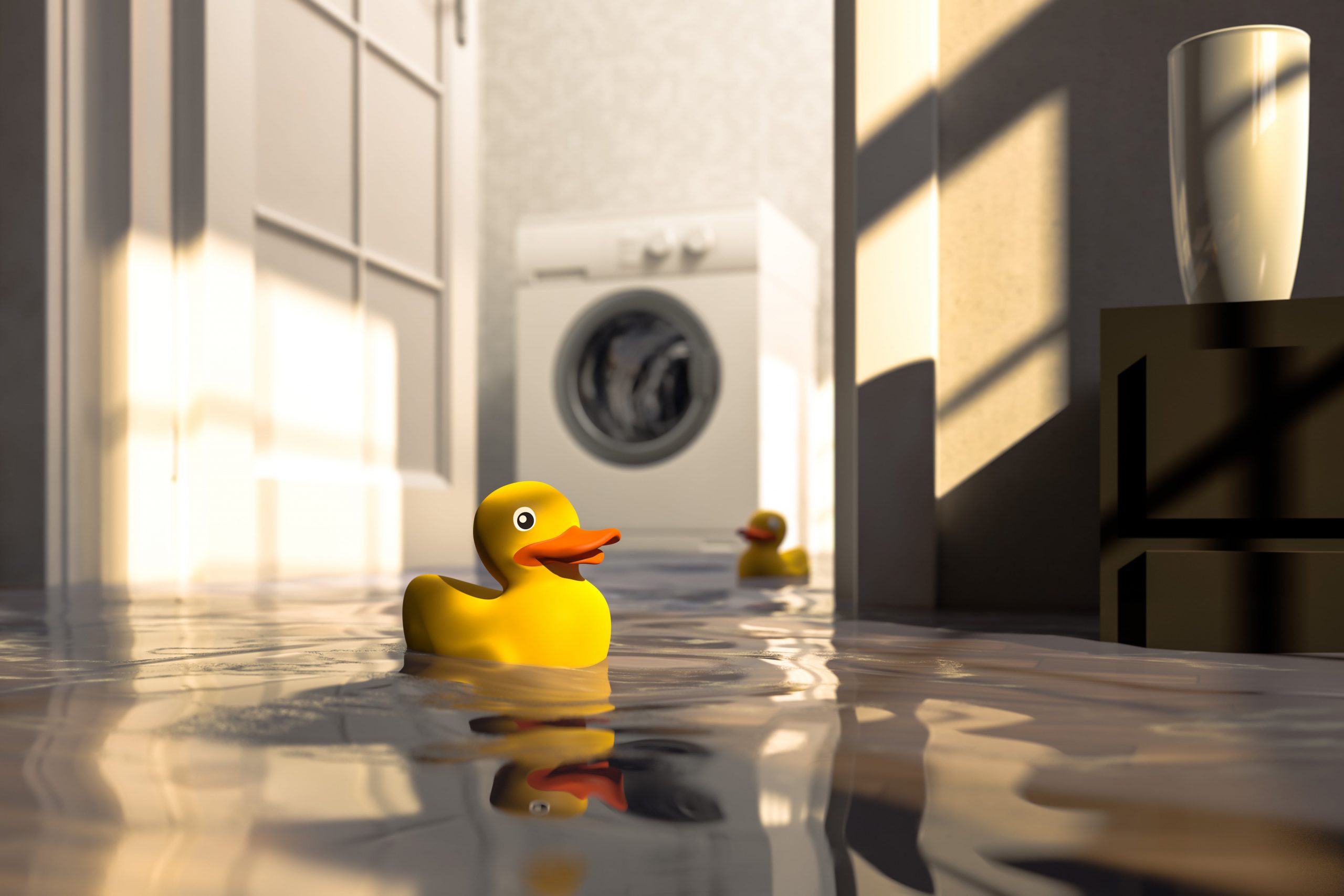 A rubber duck in the foreground sitting in a flooded basement with a washing machine in the background