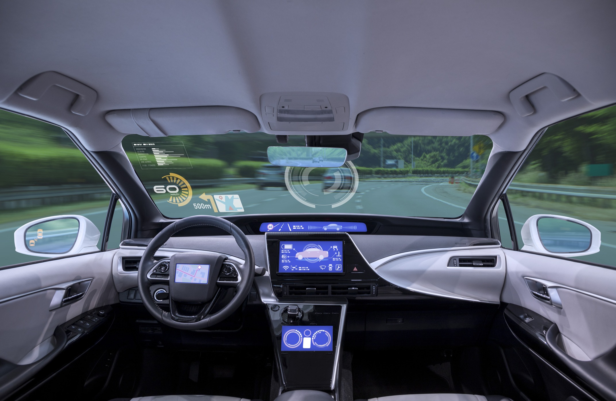 A futuristic car interior infotainment system with a heads up display